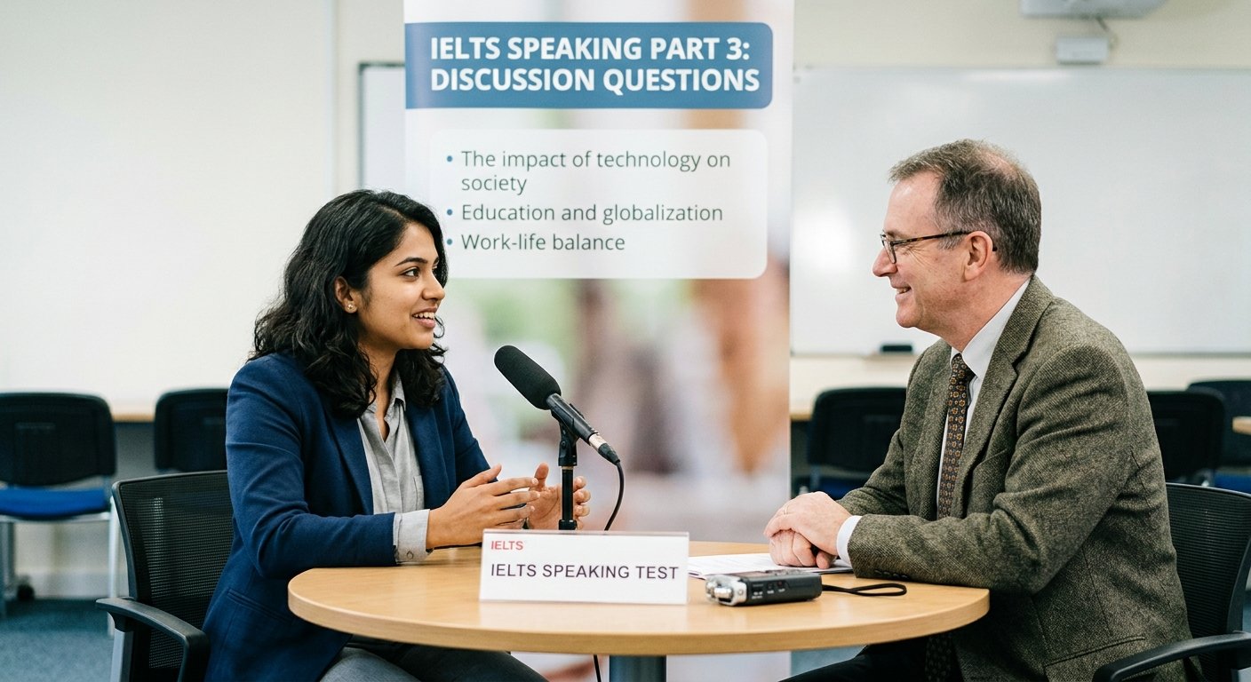 A candidate and examiner during an IELTS Speaking Part 3 test, with a banner