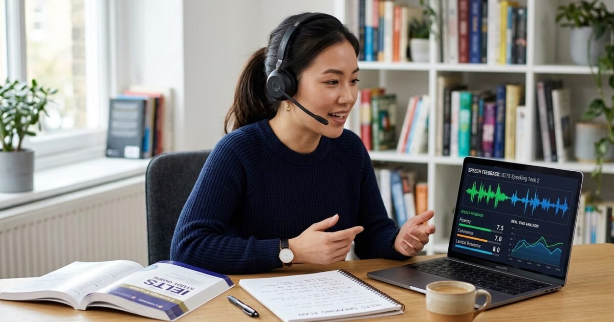 A student wearing a headset uses speech analysis software on a laptop to practise for the IELTS speaking test