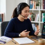 A student wearing a headset uses speech analysis software on a laptop to practise for the IELTS speaking test