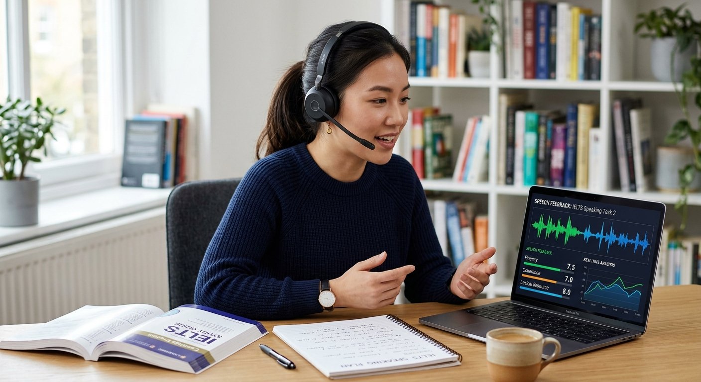 A student wearing a headset uses speech analysis software on a laptop to practise for the IELTS speaking test