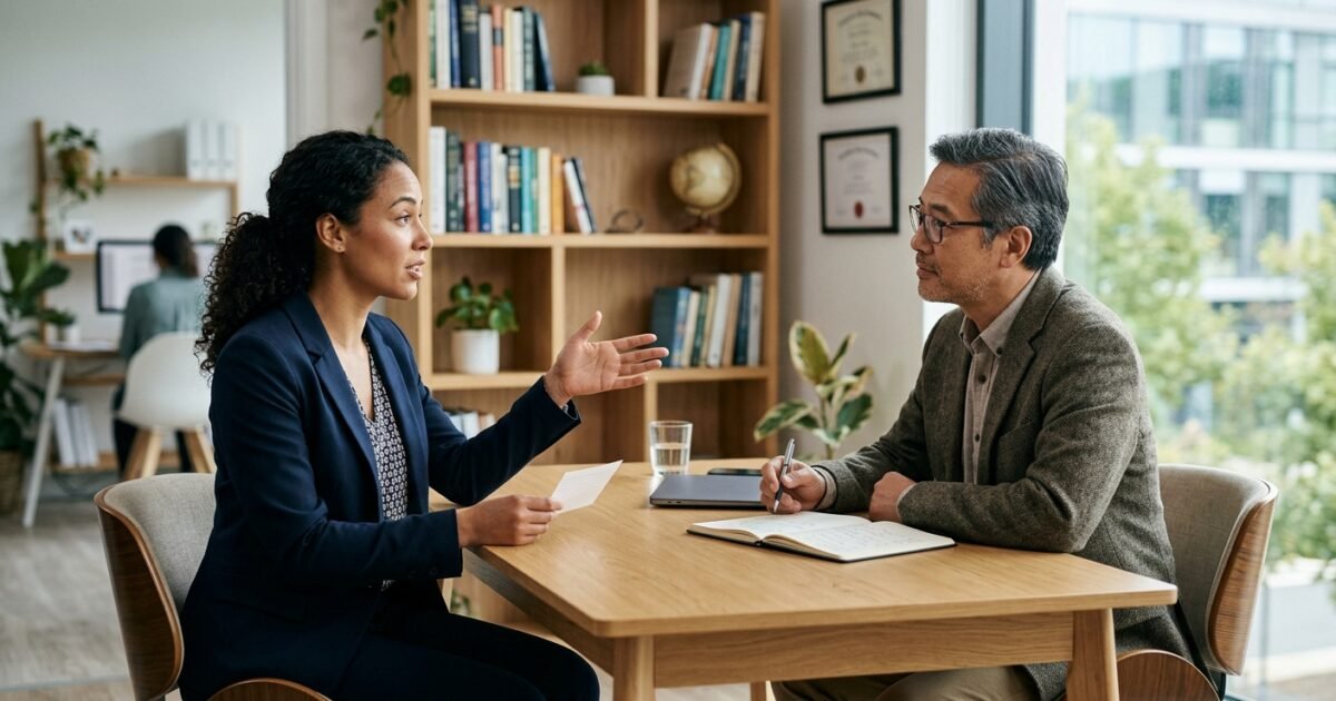 A woman gestures while speaking to a man taking notes during a professional meeting in an office