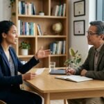 A woman gestures while speaking to a man taking notes during a professional meeting in an office