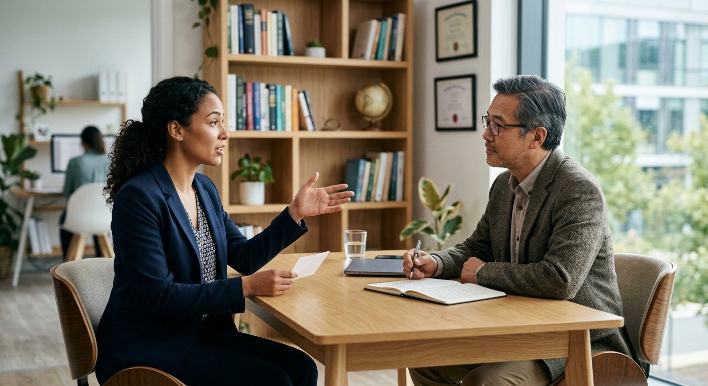 A woman gestures while speaking to a man taking notes during a professional meeting in an office