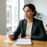 A woman in a blazer sitting at a desk, holding a pencil and looking attentively towards someone off-camera