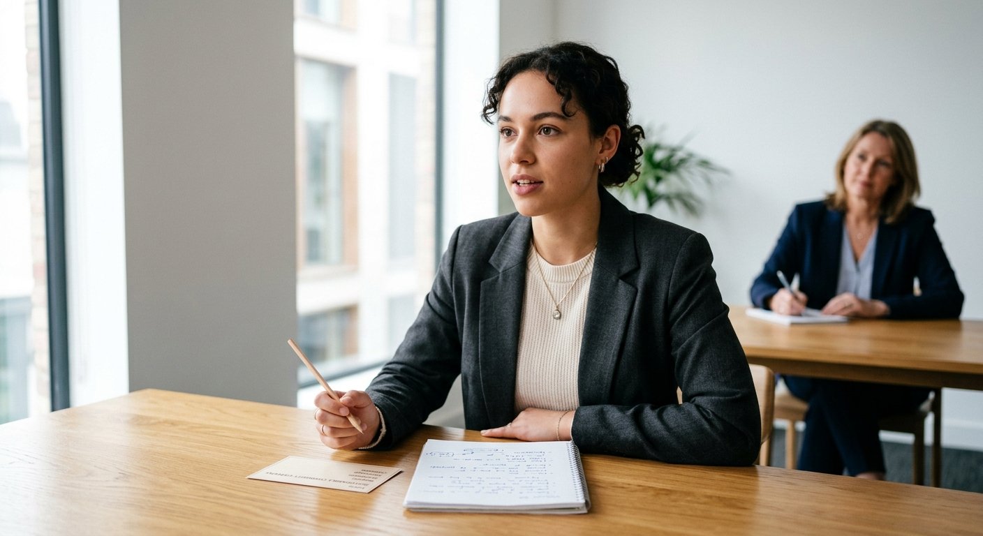 A woman in a blazer sitting at a desk, holding a pencil and looking attentively towards someone off-camera