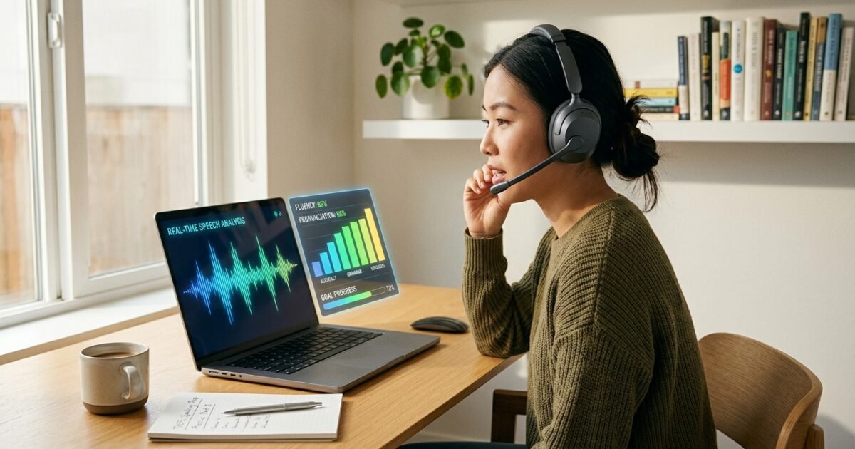 A woman wearing a headset uses a laptop displaying real-time speech analysis and fluency metrics