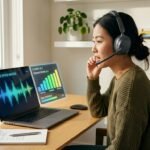A woman wearing a headset uses a laptop displaying real-time speech analysis and fluency metrics