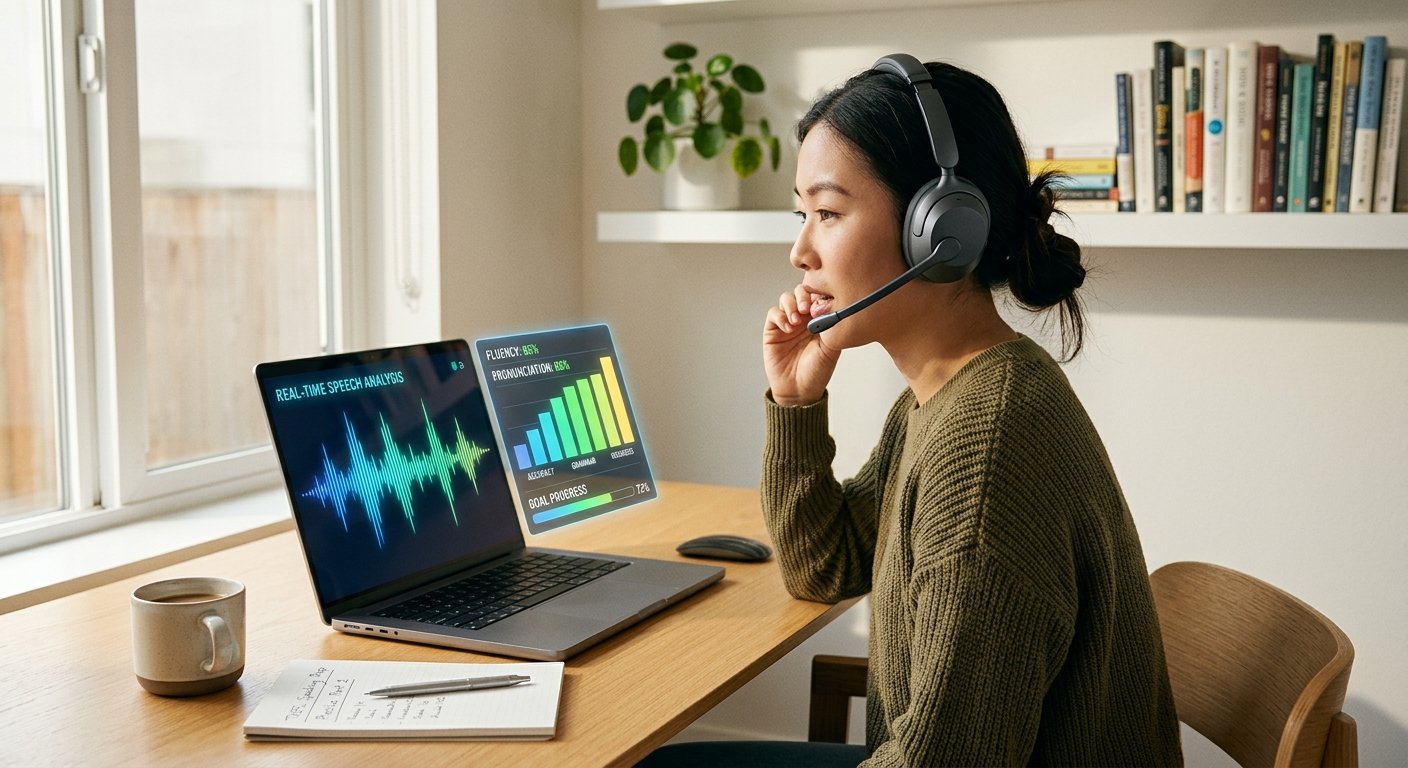 A woman wearing a headset uses a laptop displaying real-time speech analysis and fluency metrics