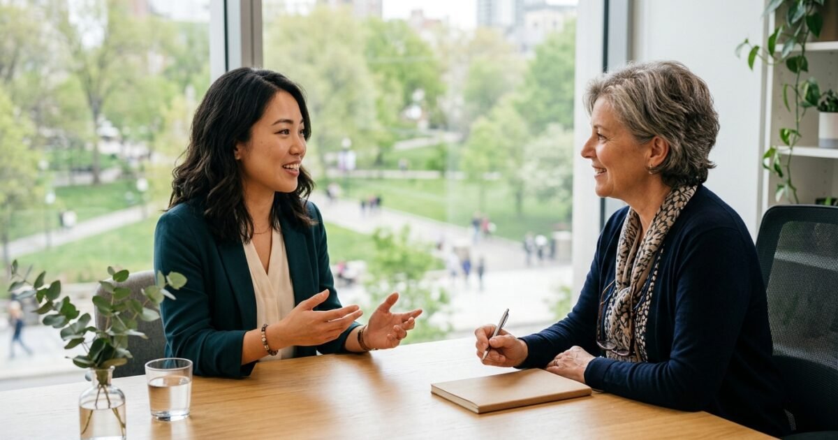 A younger woman gestures while speaking to an older woman during a professional meeting in a bright office