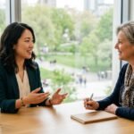 A younger woman gestures while speaking to an older woman during a professional meeting in a bright office