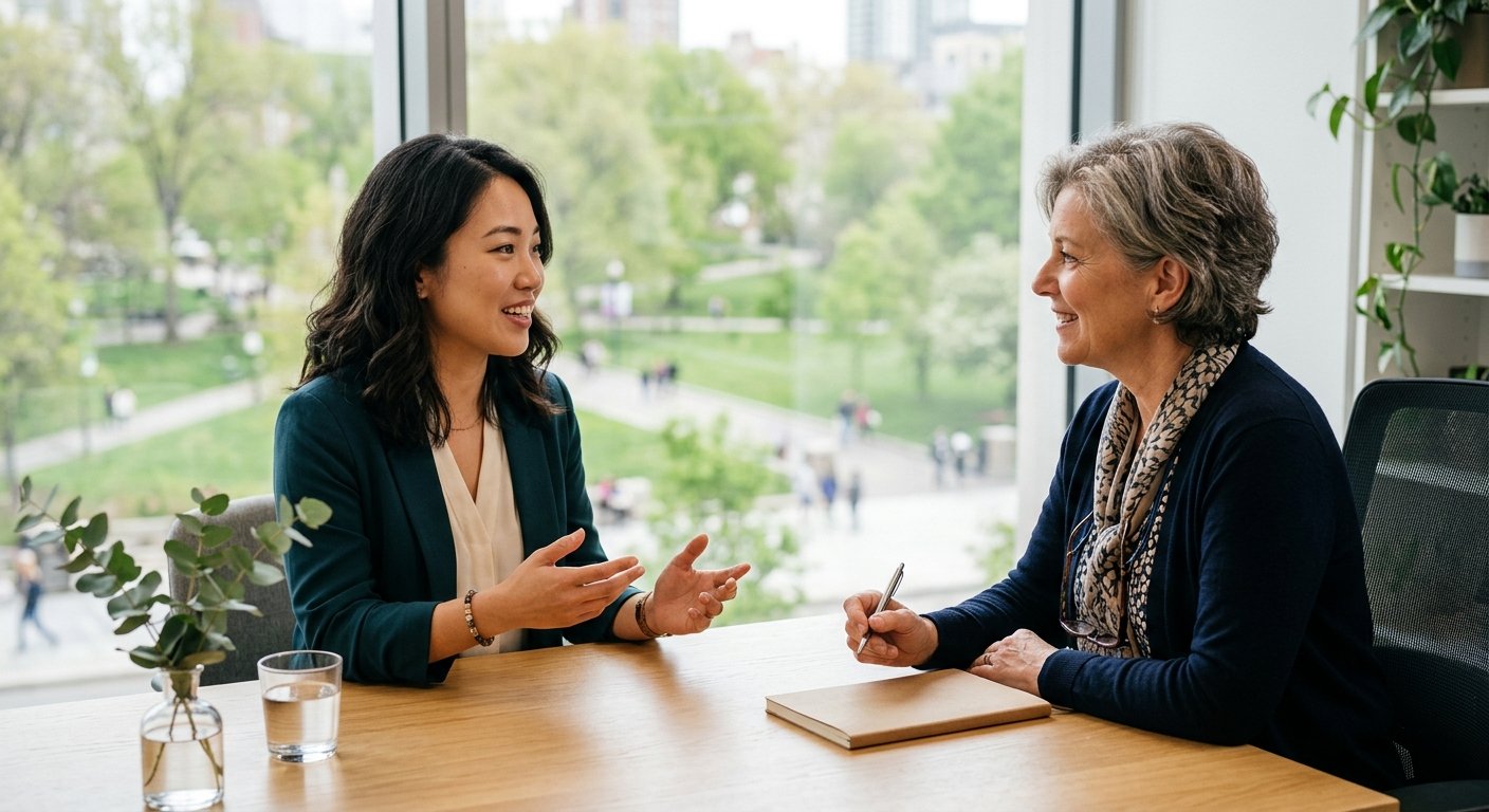 A younger woman gestures while speaking to an older woman during a professional meeting in a bright office