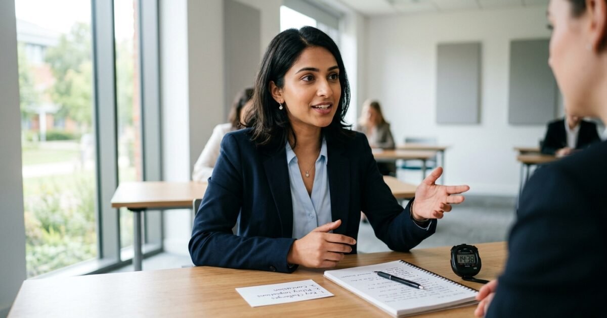A woman in a blazer gestures while speaking during a professional discussion at a desk with notes and a timer