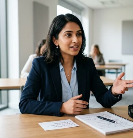 A woman in a blazer gestures while speaking during a professional discussion at a desk with notes and a timer