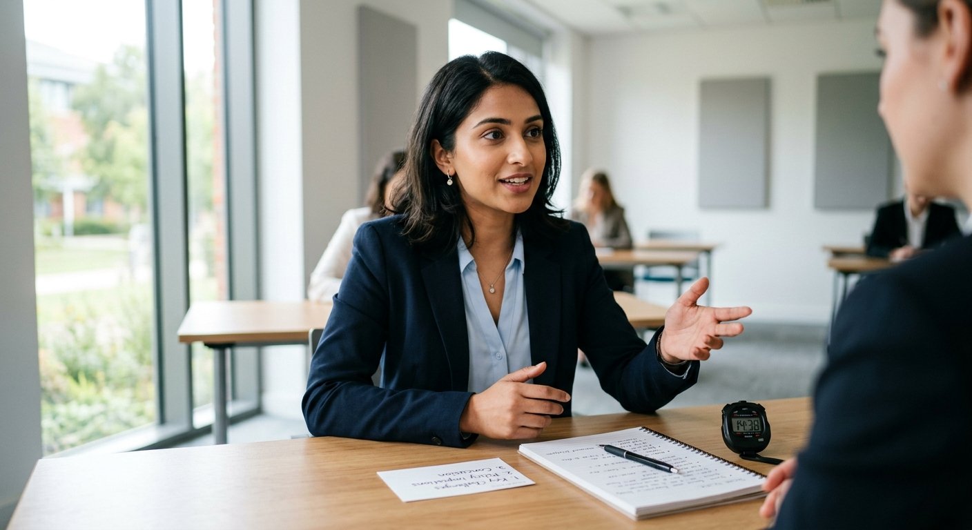 A woman in a blazer gestures while speaking during a professional discussion at a desk with notes and a timer