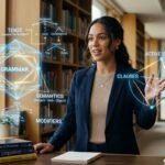 A woman presenting linguistic concepts like grammar and syntax using glowing holographic diagrams in a library