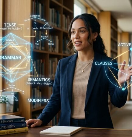 A woman presenting linguistic concepts like grammar and syntax using glowing holographic diagrams in a library