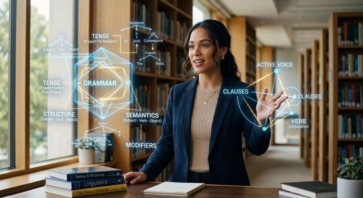 A woman presenting linguistic concepts like grammar and syntax using glowing holographic diagrams in a library