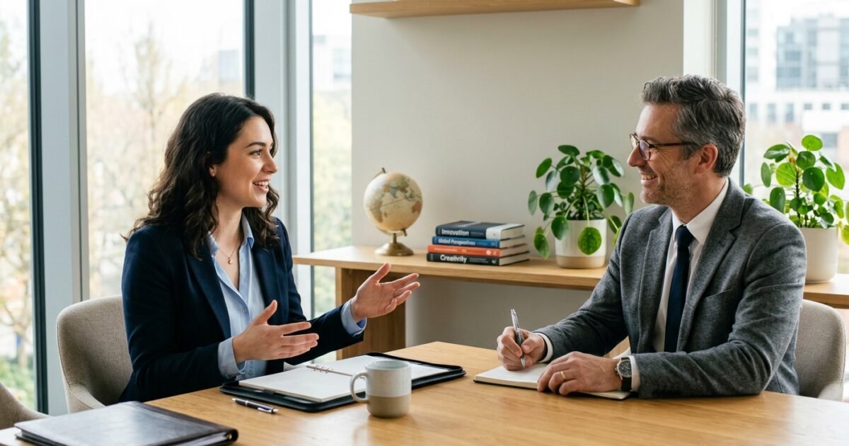 A woman speaking and gesturing to a man taking notes during a professional meeting in a bright office