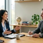 A woman speaking and gesturing to a man taking notes during a professional meeting in a bright office