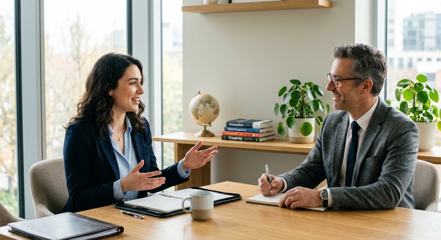 A woman speaking and gesturing to a man taking notes during a professional meeting in a bright office
