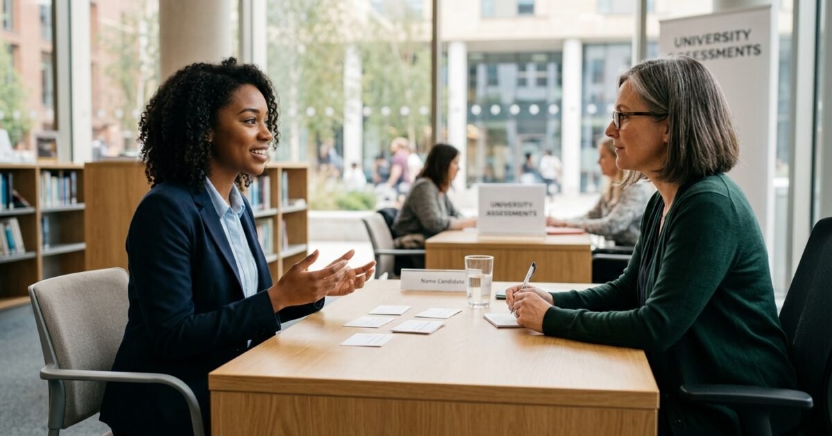 A young woman in a suit speaks with an assessor at a desk during a university assessment session