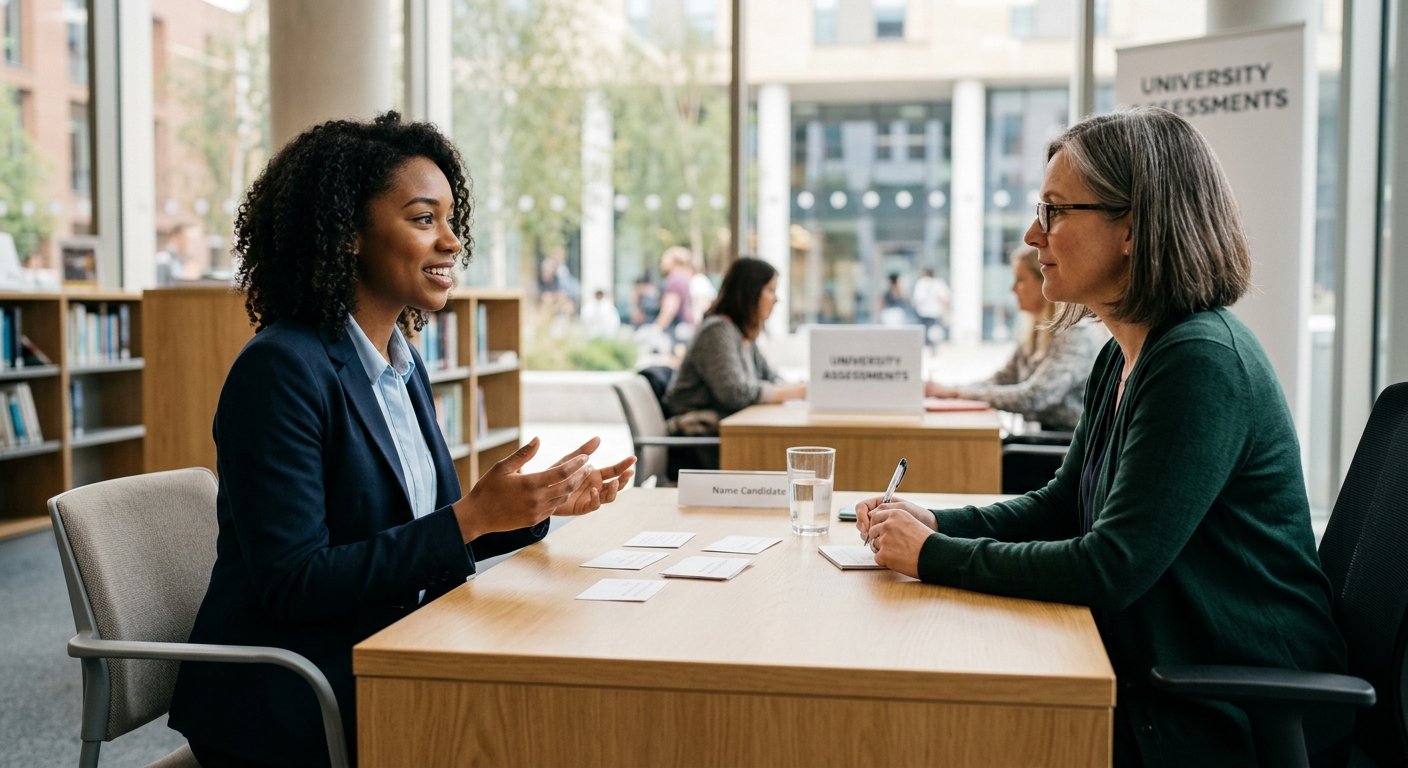 A young woman in a suit speaks with an assessor at a desk during a university assessment session