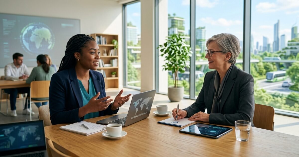 Two professional women in discussion in a bright, modern office overlooking a sustainable city skyline
