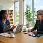 Two professional women in discussion in a bright, modern office overlooking a sustainable city skyline