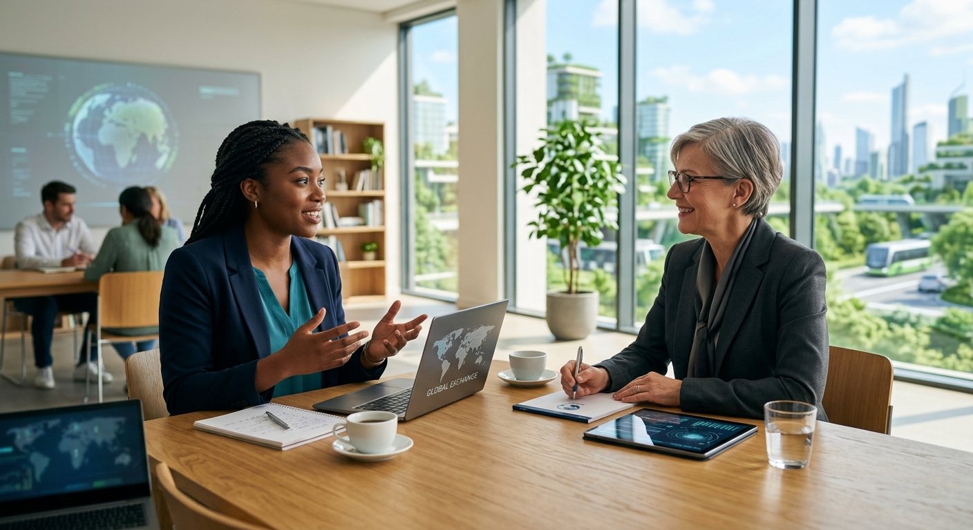 Two professional women in discussion in a bright, modern office overlooking a sustainable city skyline