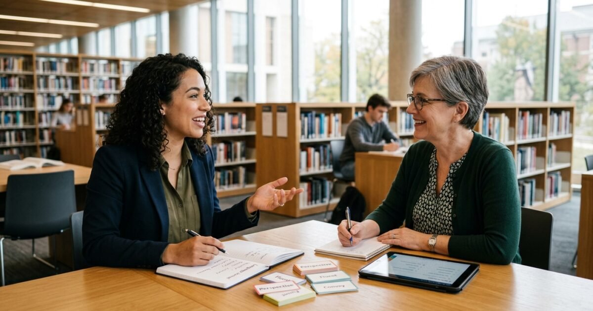 Two women smiling and talking during a study session at a library table with notebooks and flashcards