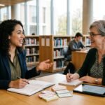 Two women smiling and talking during a study session at a library table with notebooks and flashcards