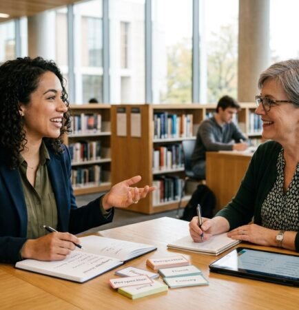 Two women smiling and talking during a study session at a library table with notebooks and flashcards