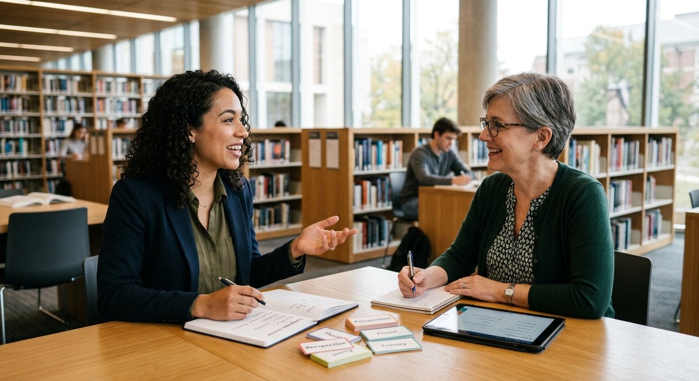 Two women smiling and talking during a study session at a library table with notebooks and flashcards
